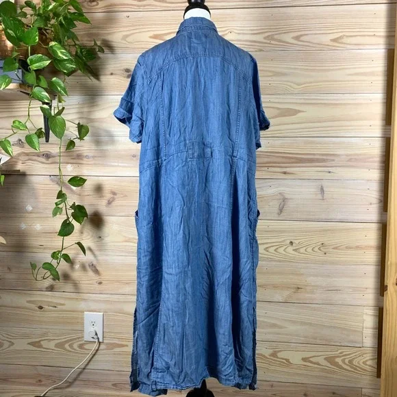 Lands End Shirt Dress Womens 2X Blue Denim Lyocell Button Front Midi Chambray - Picture 3 of 9